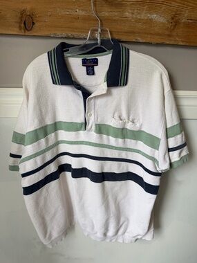 Gordie Howe Vintage Knit Striped Polo Shirt Navy Green L eclectic grandpa